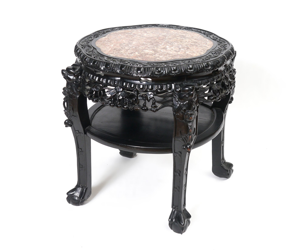 Appraisal: INSET MARBLE TOP CARVED CHINESE TABLE Shaped inset marble top