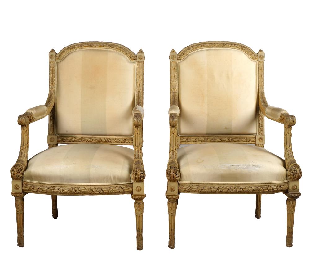 Appraisal: PAIR OF LOUIS XVI-STYLE PAINTED FAUTEUILSCondition stains and heavy wear