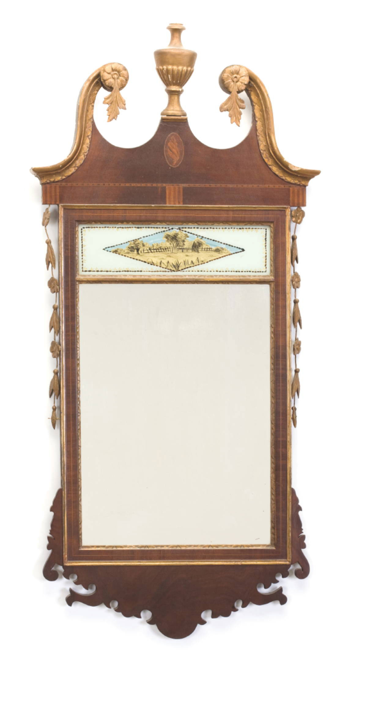 Appraisal: AMERICAN INLAID MAHOGANY PARCEL-GILT AND EGLOMISE CONSTITUTION MIRROR The swan's