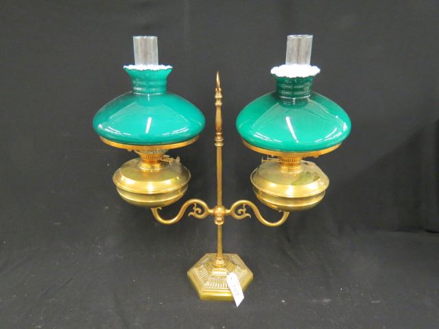 Appraisal: Victorian Brass Double Student Oil Lamp rich green Emeralite shades