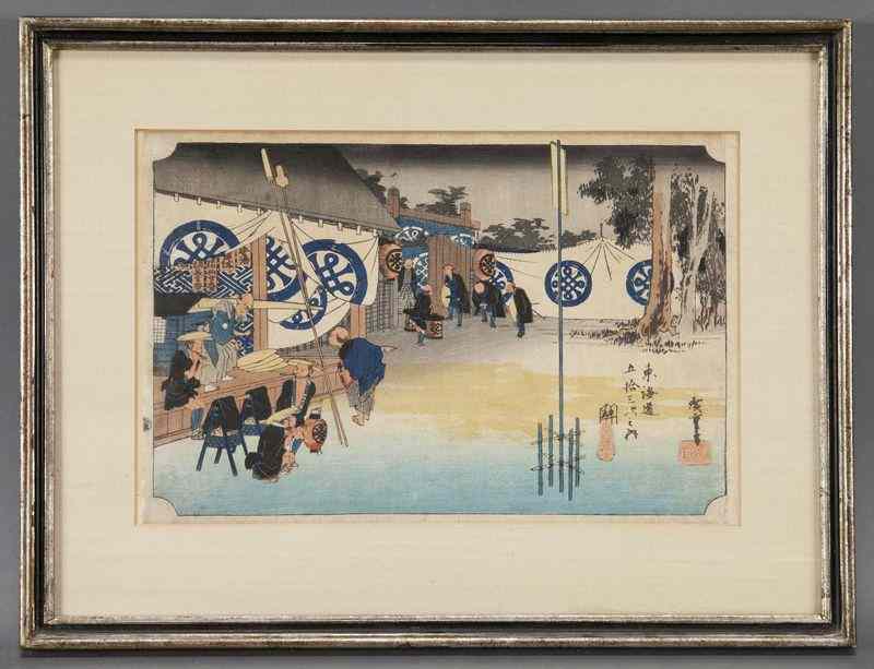 Appraisal: Ando Hiroshige ''Travelers and highway guardstation at Seki'' woodblock print