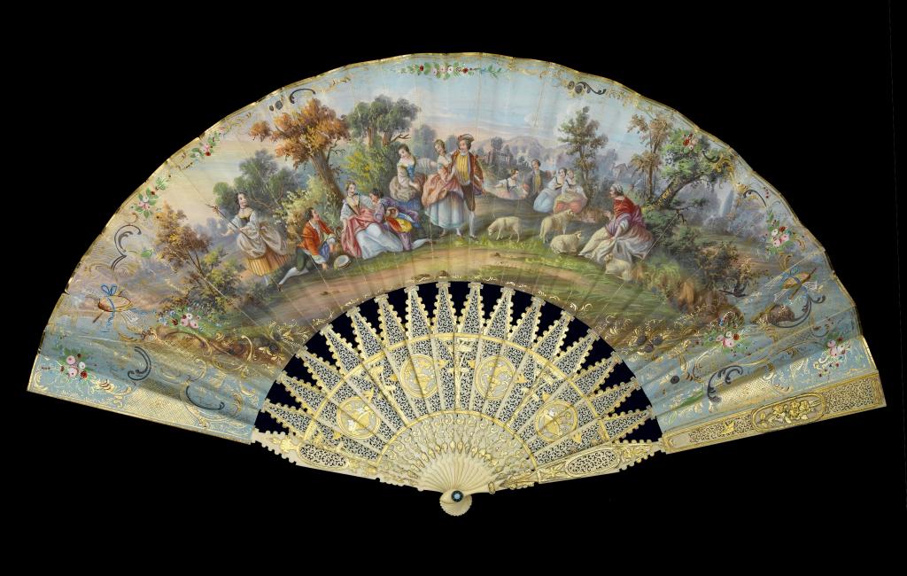 Appraisal: A FRENCH FAN the painted chicken skin leaf with a