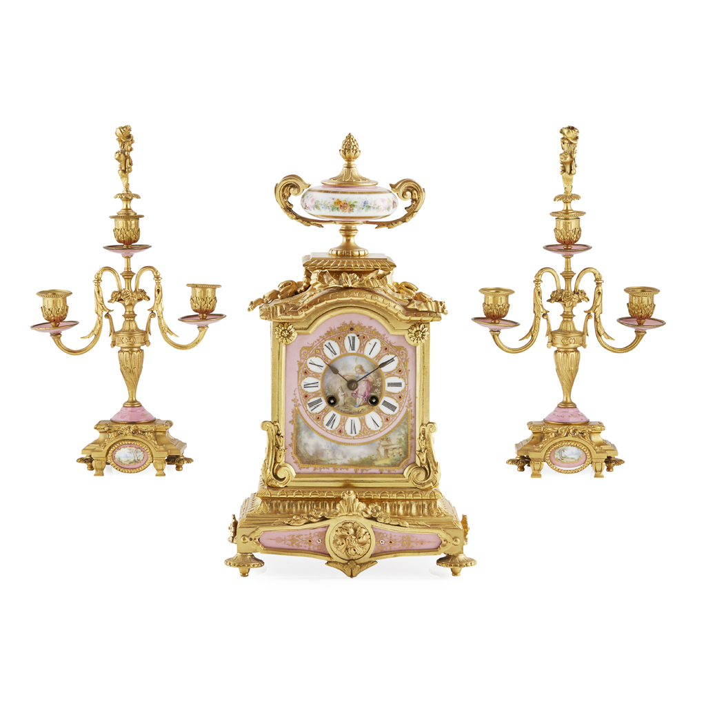 Appraisal: FRENCH PINK PORCELAIN AND GILT BRONZE CLOCK GARNITURE BY LEROY