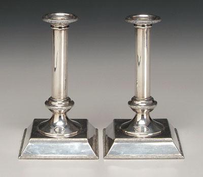 Appraisal: Pair English silver candlesticks round columns with square bases gadroon