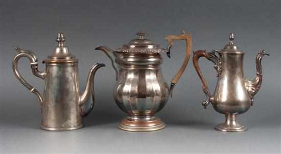 Appraisal: Three English Sheffield silver-plated copper coffee pots th century the