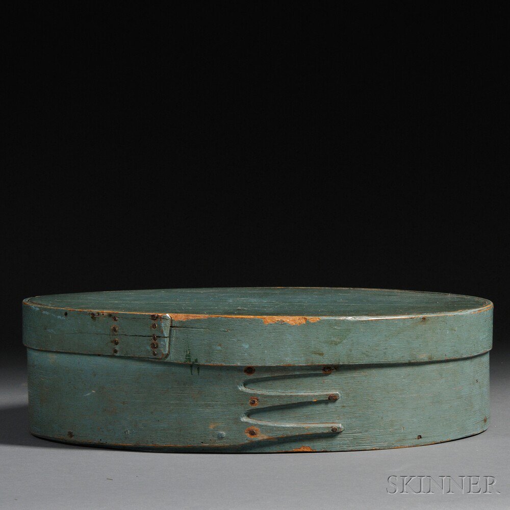 Appraisal: Large Blue-painted Lapped-seam Covered Storage Box probably New England th