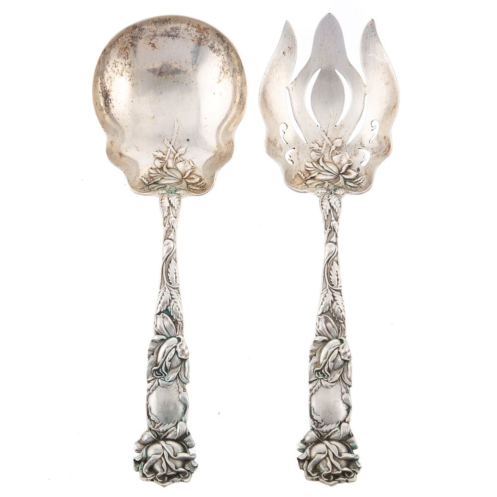 Appraisal: Pair Art Nouveau Sterling Salad Servers Each with sculptural floral