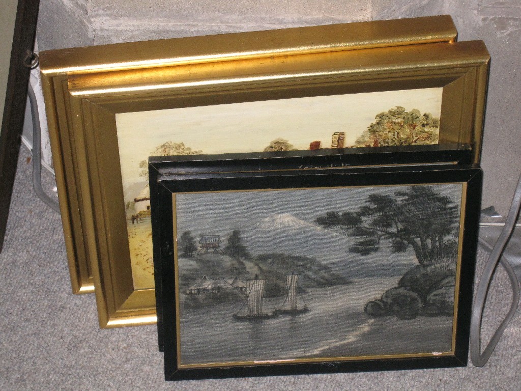 Appraisal: Lot comprising pair of Oriental silk pictures and a pair