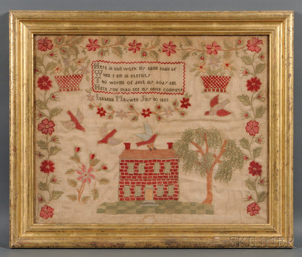 Appraisal: Needlework Pictorial House Sampler Isabella Maxwell July worked in wool