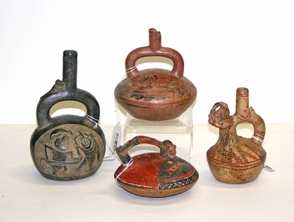 Appraisal: Four South American pre-Columbian stirrup spout jars Including Nazca circa