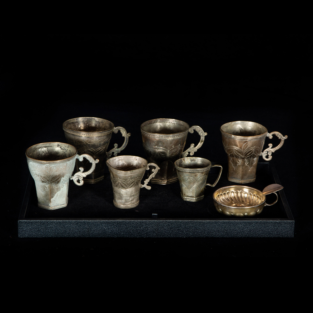 Appraisal: LOT OF SPANISH COLONIAL SILVERED METAL CUPS WITH ENGRAVED GEOMETRIC