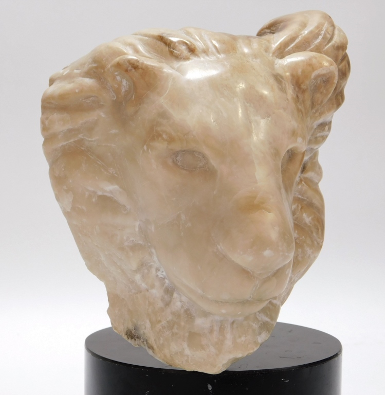 Appraisal: CARVED ALABASTER LION HEAD SCULPTURE United States th CenturyFinely carved