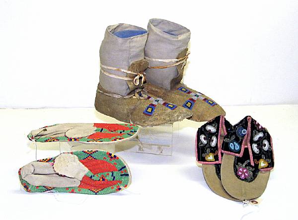 Appraisal: Three pair of Native American beaded moccasins Woodlands Sioux and