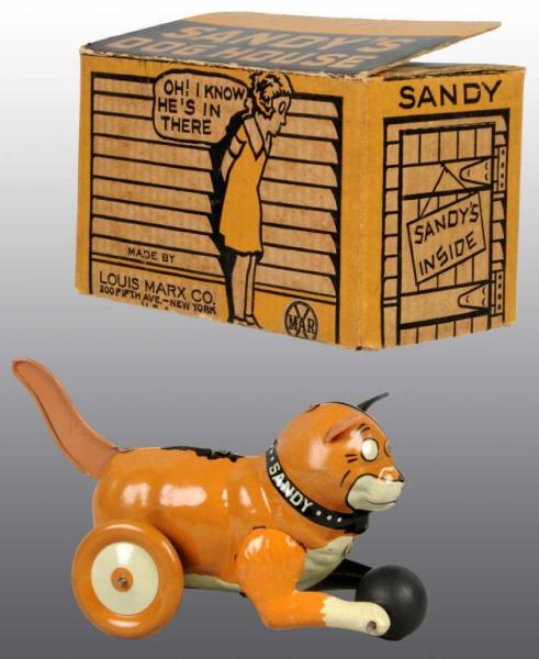 Appraisal: Marx Sandy in Doghouse Toy in Original Box Description Tin