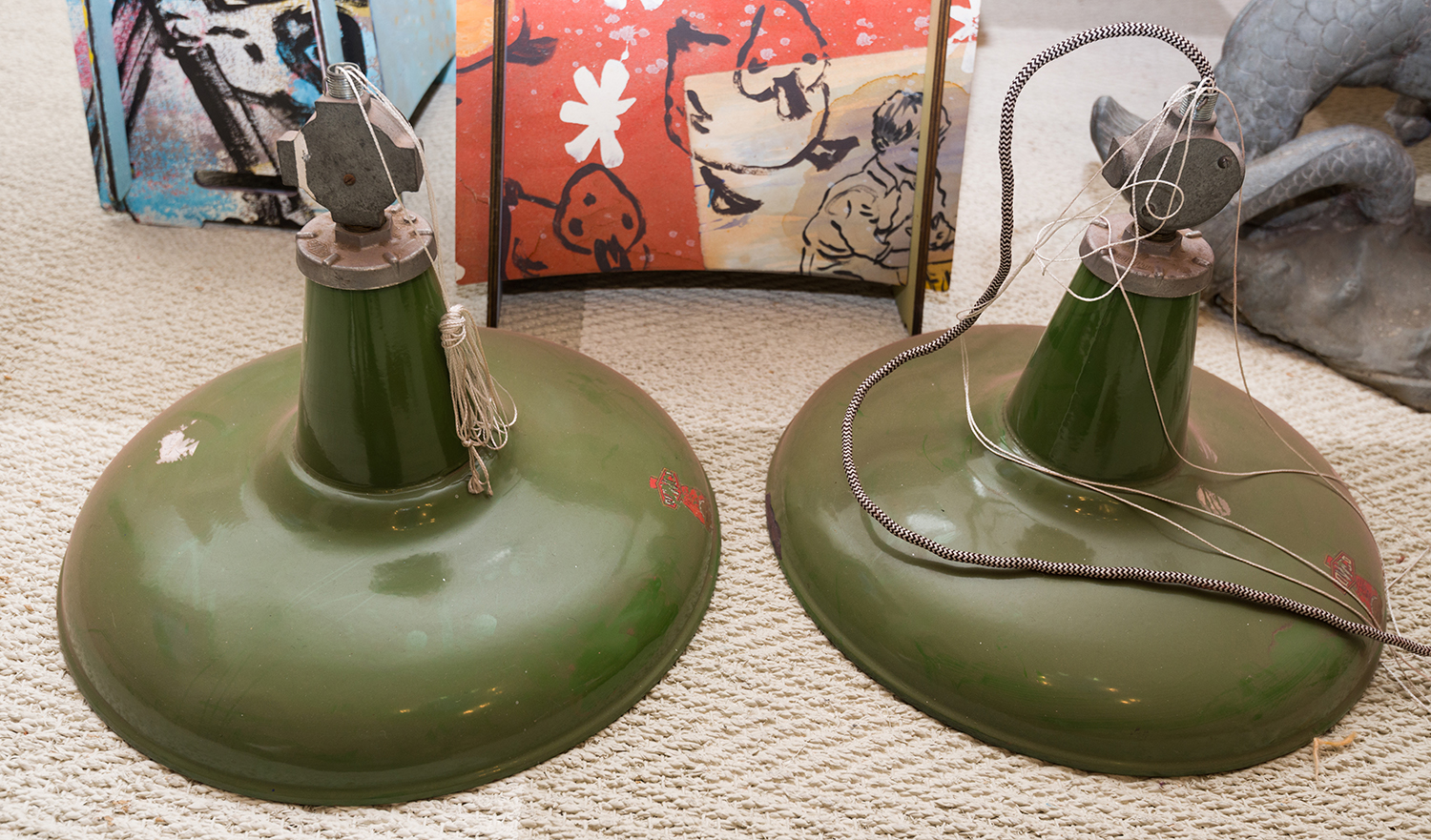 Appraisal: A PAIR OF INDUSTRIAL GREEN ENAMELED PENDANT LIGHTS AND TWO