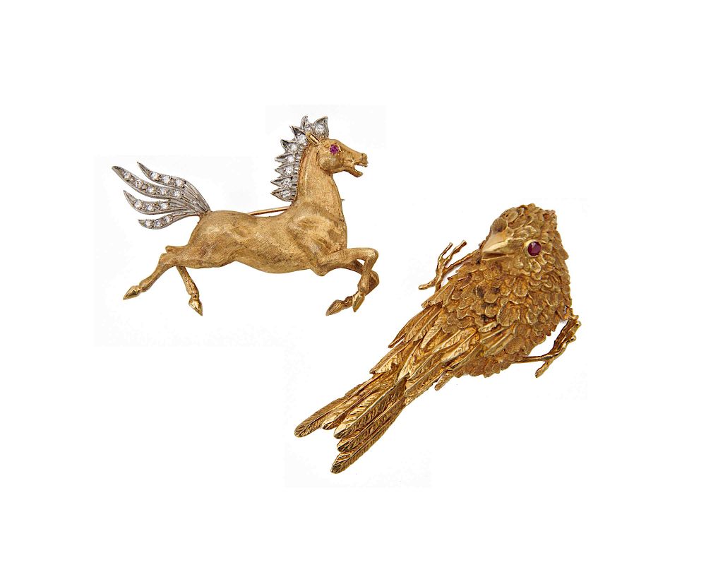 Appraisal: Two Gold and Gemset Figural Brooches Two Gold and Gemset