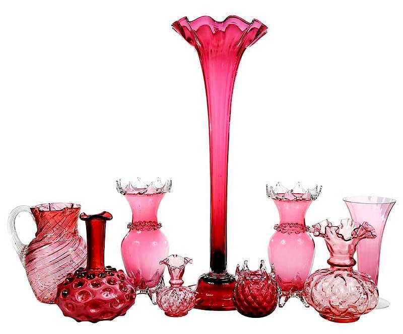 Appraisal: Nine Hand Blown Cranberry Glass Vases Probably American th century