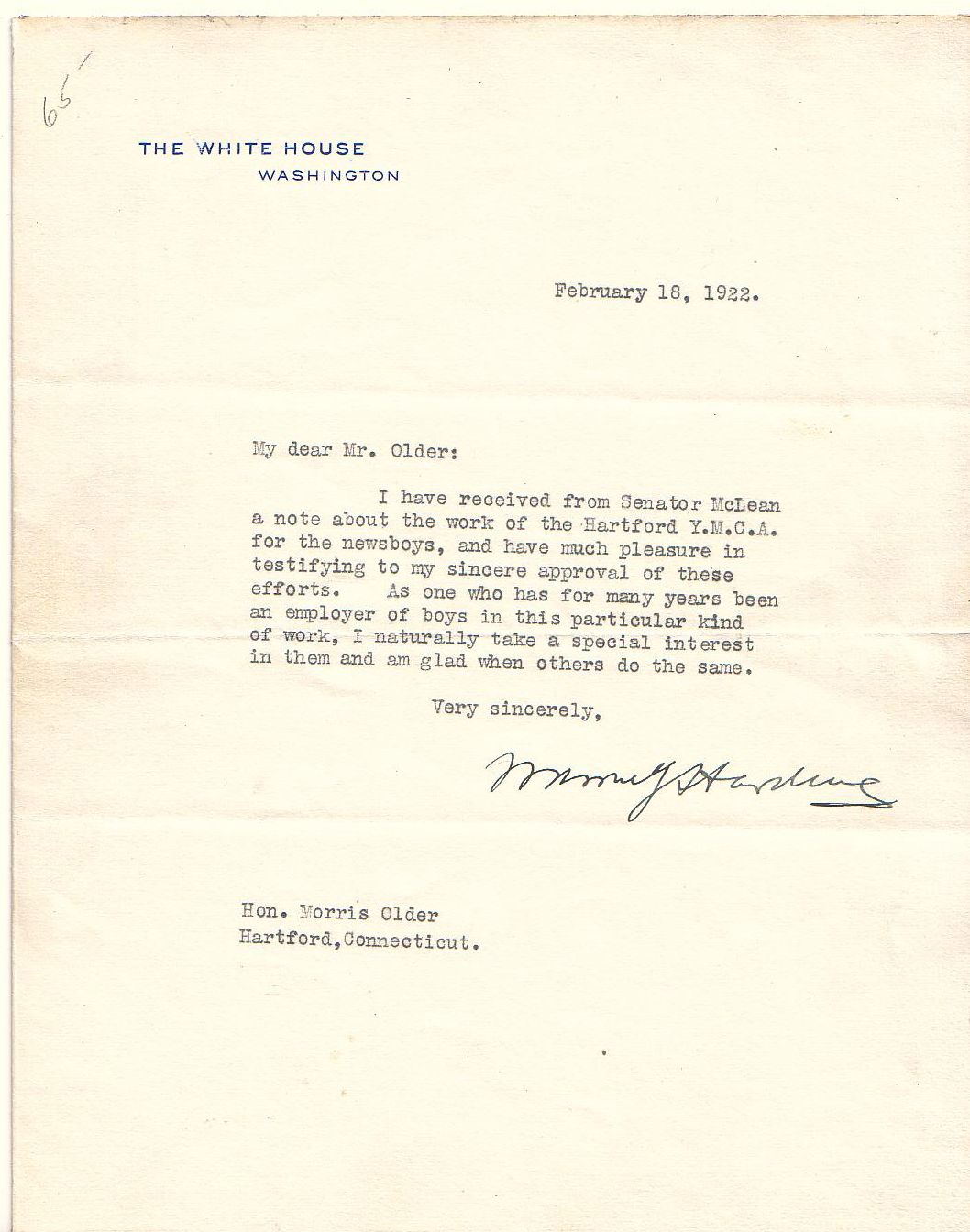 Appraisal: HARDING WARREN G Typed Letter Signed as President to Morris