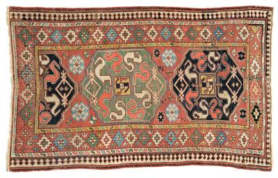 Appraisal: Cloud Kazak rug two-and-one-half central medallions on salmon field scattered