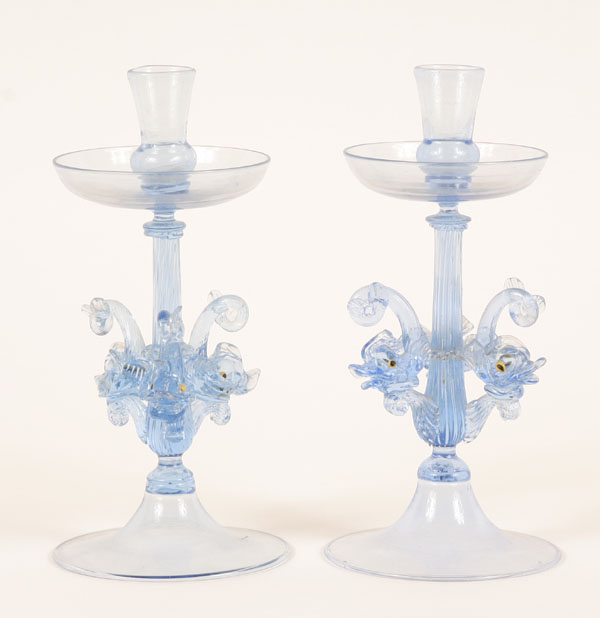 Appraisal: Pair Salviati Murano blue art glass candlesticks with applied dolphin