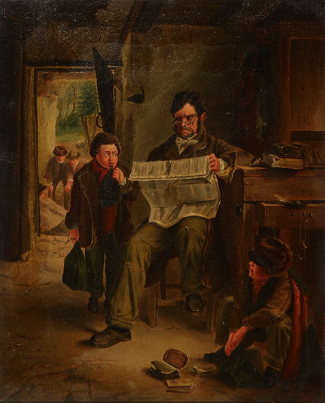 Appraisal: TH CENTURY ENGLISH SCHOOL 'READING THE NEWS' oil on canvas