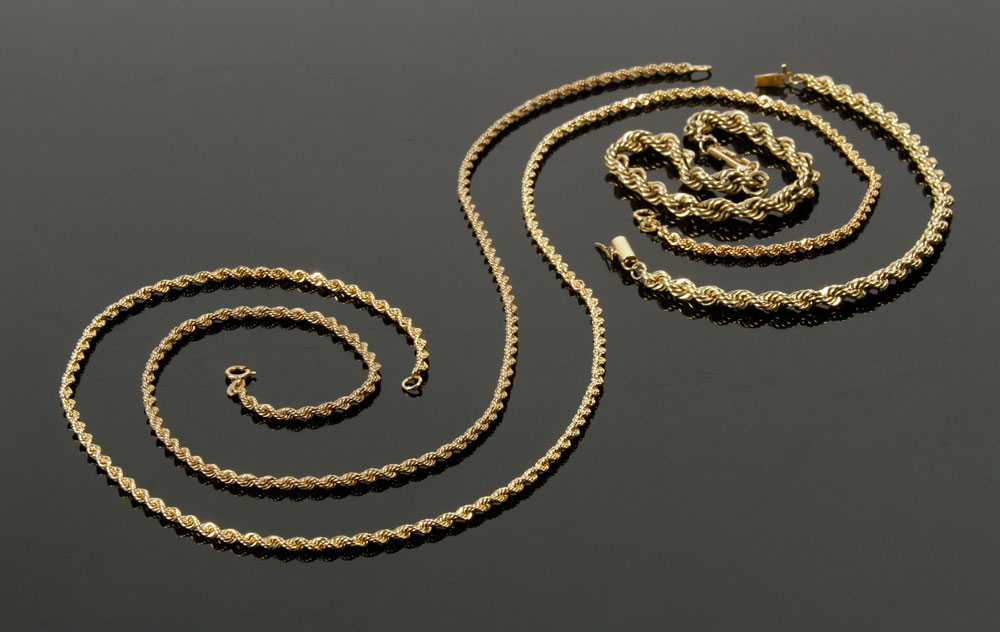 Appraisal: - K Gold Rope Chains and Bracelets Lot of four