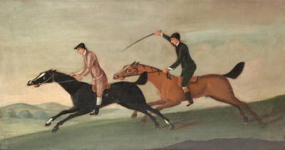 Appraisal: th Century Naive School Two Hunters Racing oil on canvas