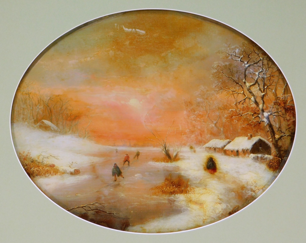 Appraisal: C FRENCH PRIMITIVE COUNTRY WINTER PAINTING France Depicting bundled children