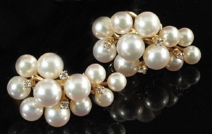 Appraisal: Pair of Fourteen-Karat Yellow Gold Pearl and Diamond Cluster Earrings