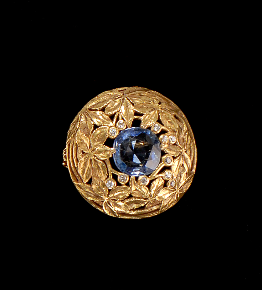 Appraisal: TIFFANY CO ARTS CRAFTS MONTANA SAPPHIRE DIAMOND AND GOLD BROOCH