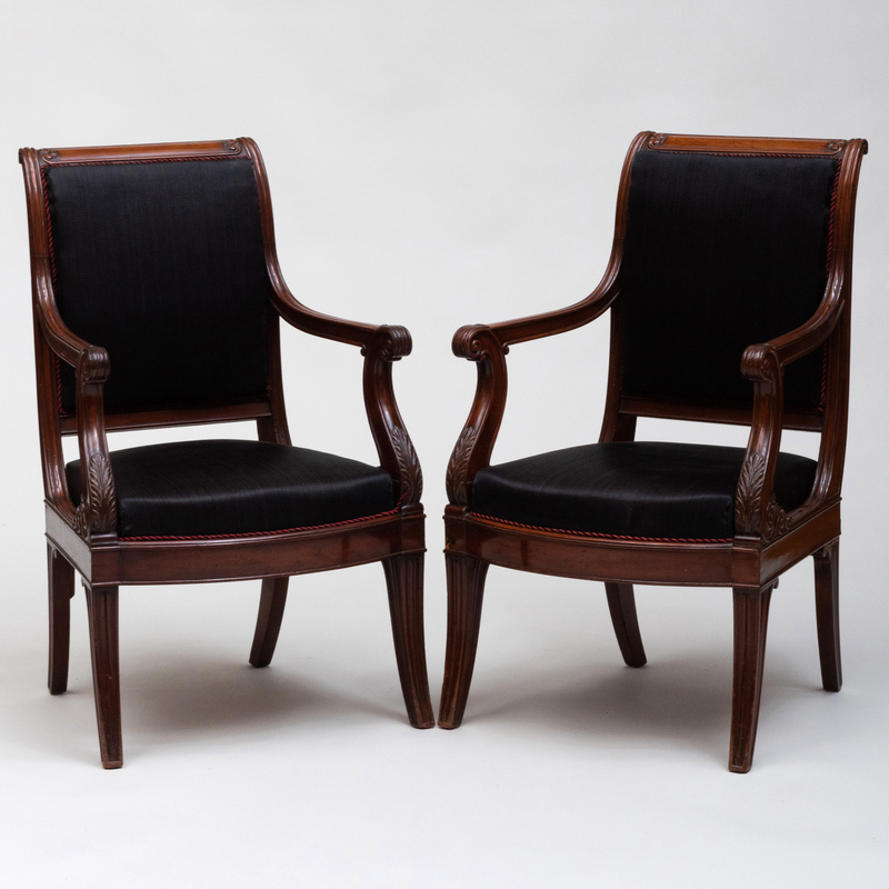 Appraisal: PAIR OF CONTINENTAL NEOCLASSICAL CARVED MAHOGANY AND HORSEHAIR UPHOLSTERED ARMCHAIRS