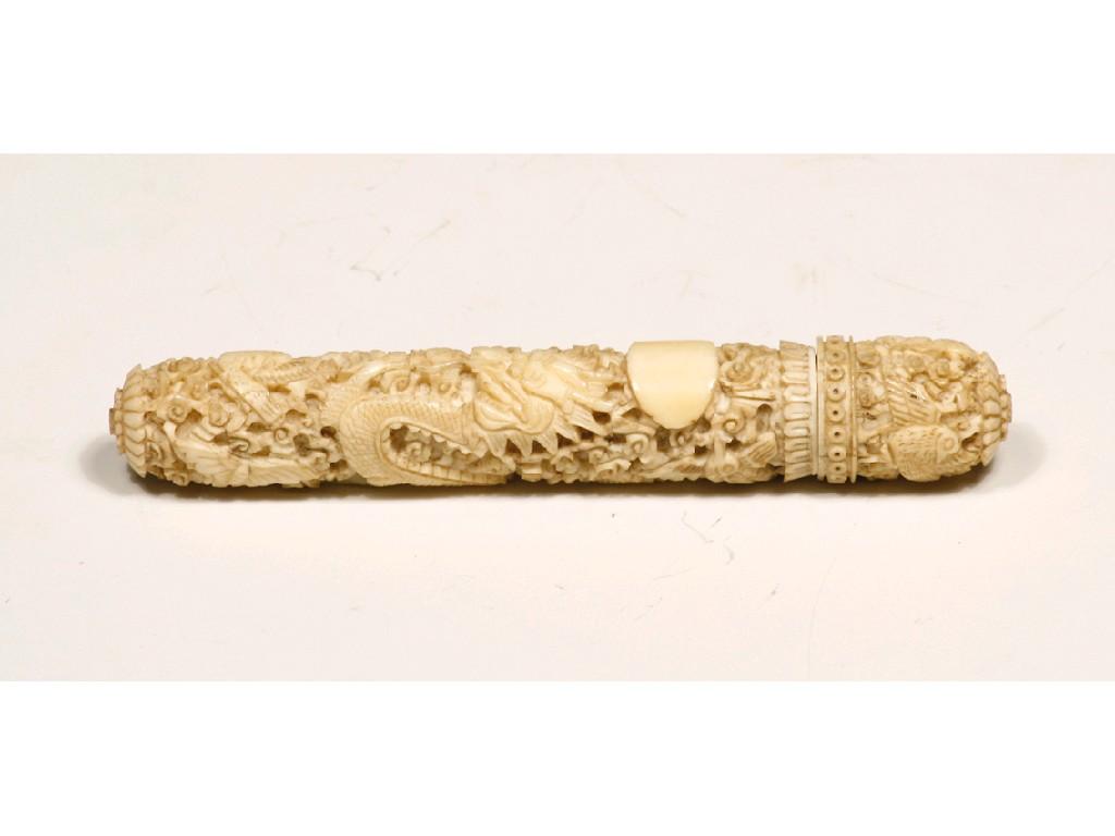 Appraisal: A CHINESE CARVED IVORY NEEDLE CASE decorated with a dragon