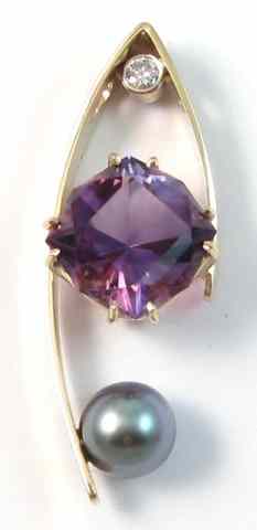 Appraisal: AMETHYST DIAMOND BLACK PEARL AND FOURTEEN KARAT GOLD PENDANT centering