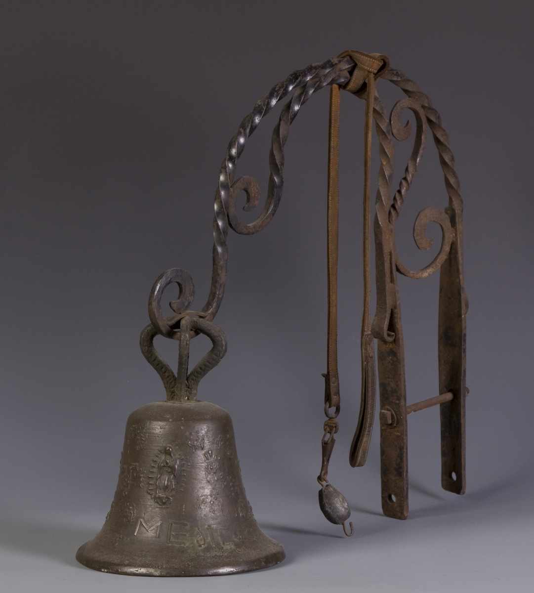 Appraisal: Early Spanish Mexican Bronze Bell Dated Wrought iron bracket Ht