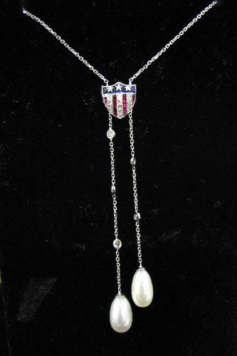 Appraisal: PEARL DIAMOND RUBY BLUE SAPPHIRE AND EIGHTEEN KARAT WHITE GOLD