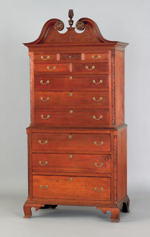 Appraisal: Pennsylvania Chippendale walnut chest on chest ca the broken arch