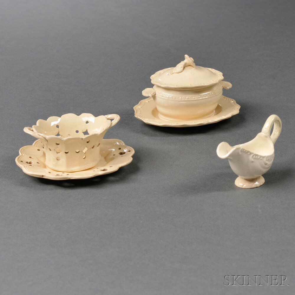 Appraisal: Three Staffordshire Cream-colored Miniature Earthenware Items England c a feather