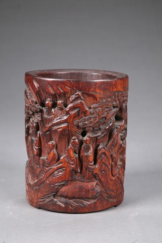 Appraisal: BRUSH POT China th century bamboo Pierce carved with scenes