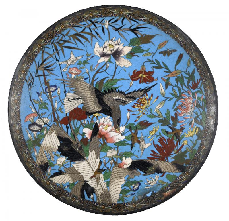 Appraisal: FOUR CLOISONN ENAMELLED PLAQUES with a quail and cherry tree