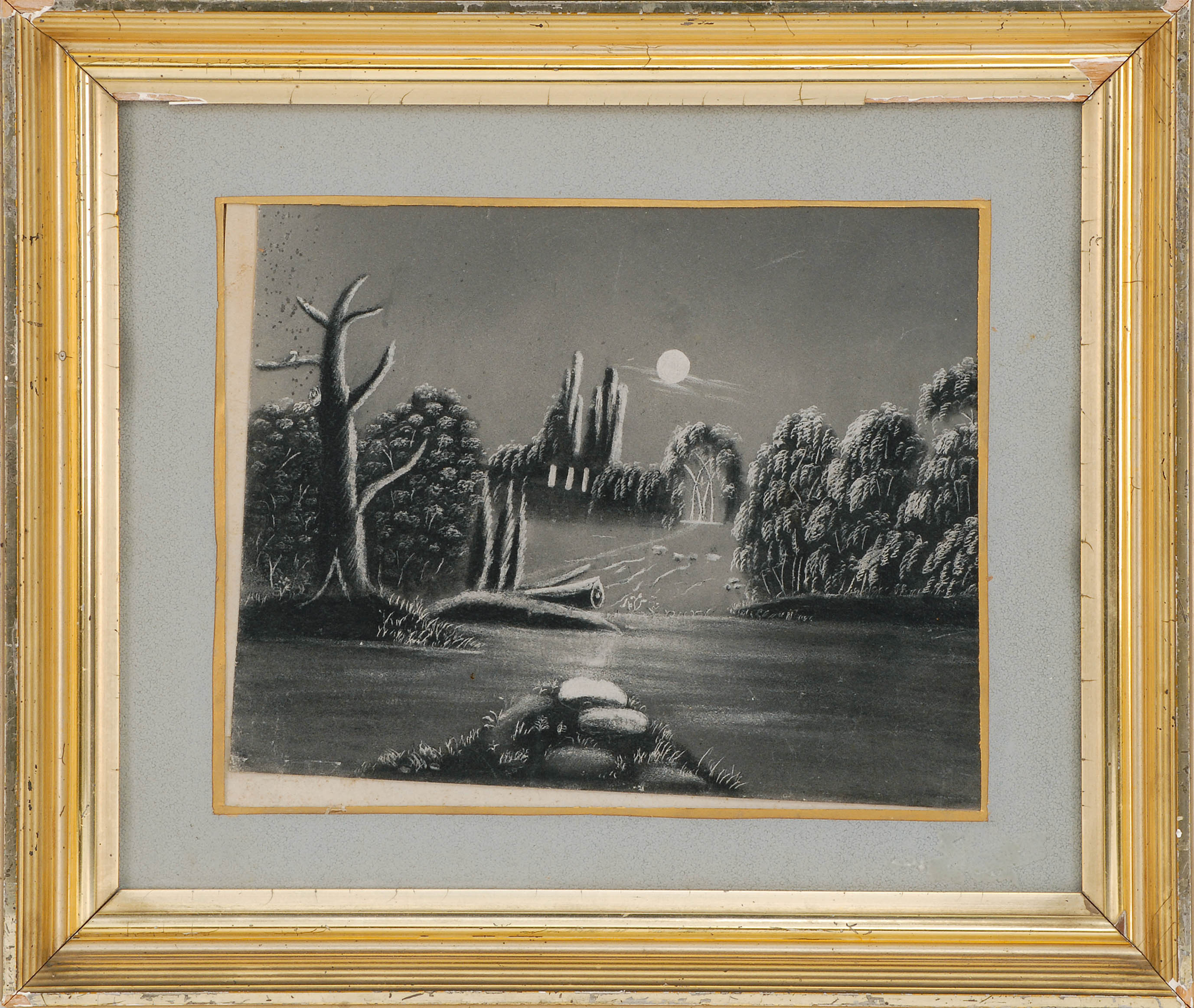 Appraisal: FRAMED SANDPAPER PAINTING th CenturyA moonlit river x sight Framed