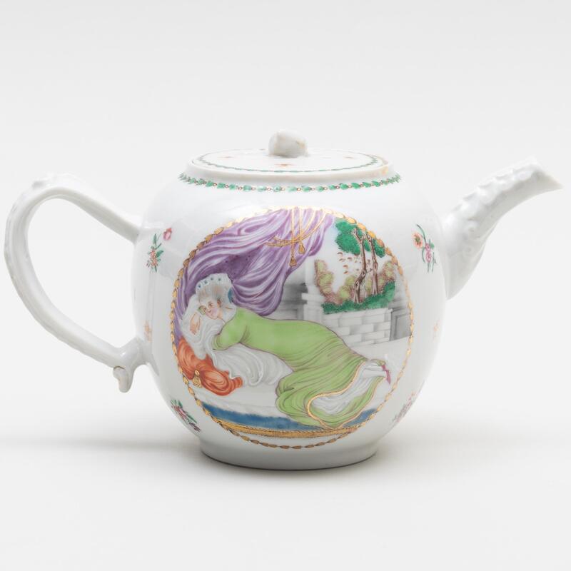 Appraisal: Chinese Export Famille Rose Porcelain European Subject Teapot and Cover