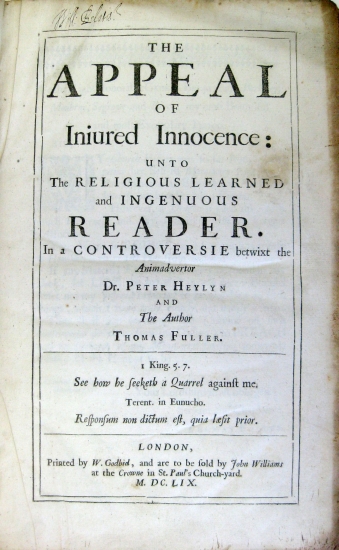 Appraisal: FULLER THOMAS The Appeal of Iniured Innocence unto the Religious