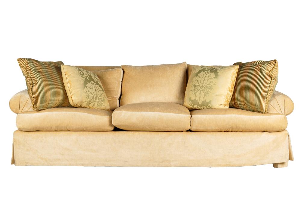 Appraisal: BEIGE UPHOLSTERED SOFAmanufacturer unknown the seat cushions filled with foam