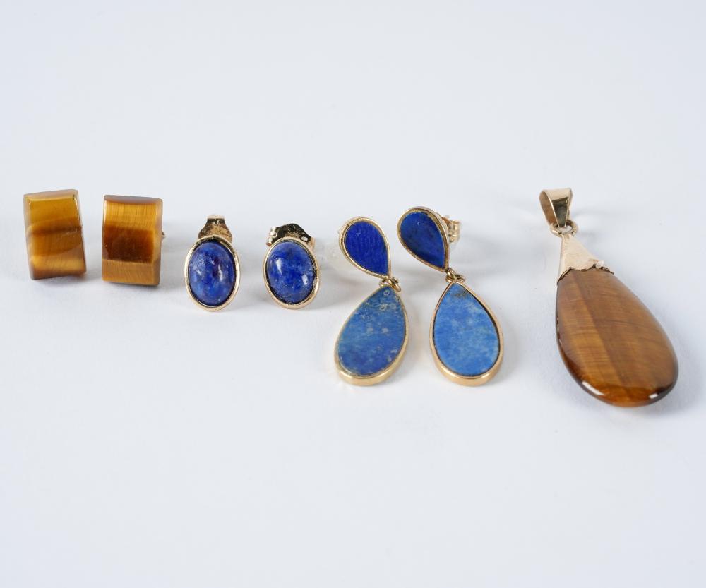 Appraisal: GROUP OF KARAT YELLOW GOLD TIGER'S EYE LAPIS JEWELRYcomprising one