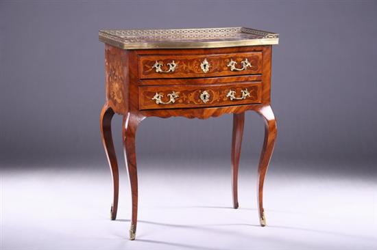 Appraisal: FRENCH LOUIS XV-STYLE FLORAL MARQUETRY PETITE COMMODE th century Quarter-galleried