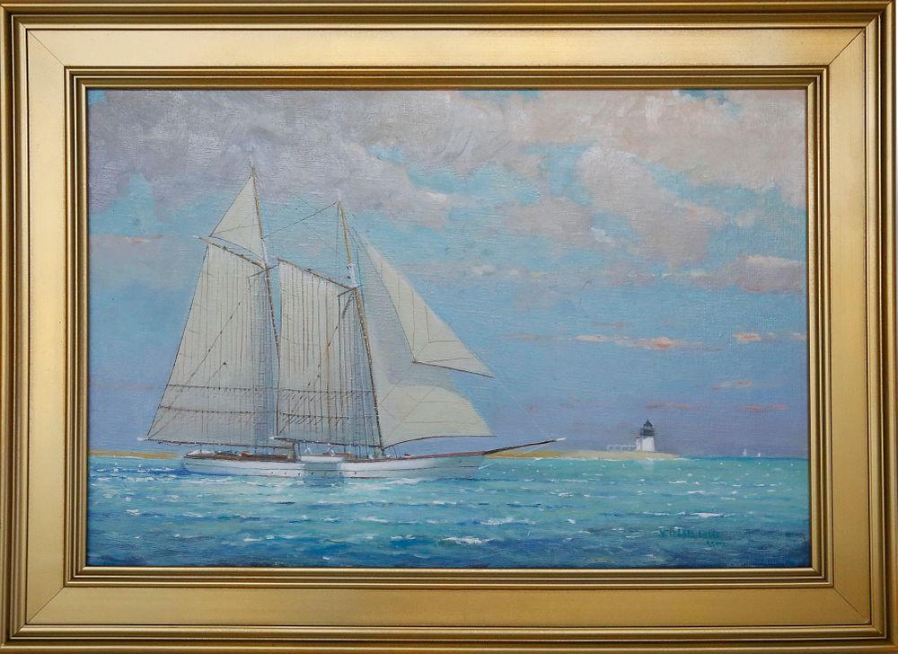 Appraisal: William Lowe Oil on Canvas Brant Point Lighthouse Schooner William