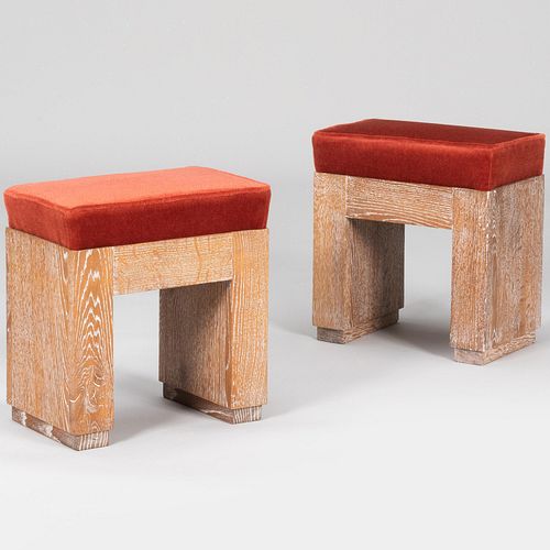 Appraisal: PAIR OF MODERN CERUSE OAK AND MOHAIR UPHOLSTERED STOOLS DESIGNED