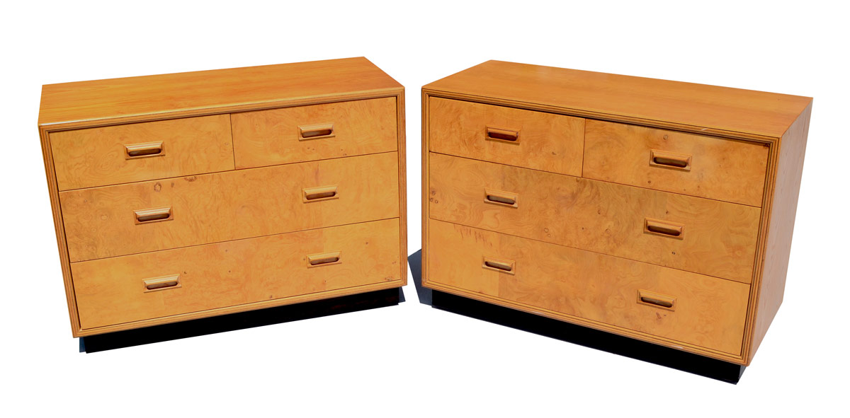 Appraisal: PAIR HENREDON SCENE TWO CHESTS Burlwood chests each with half