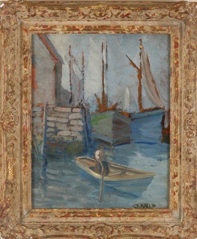 Appraisal: Harbor with man in boat oil on panel x SLR