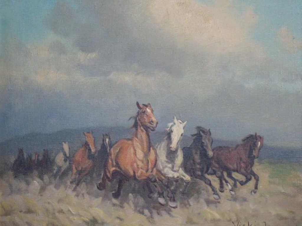 Appraisal: JANOS FISKI Wild horses signed oil on canvas x